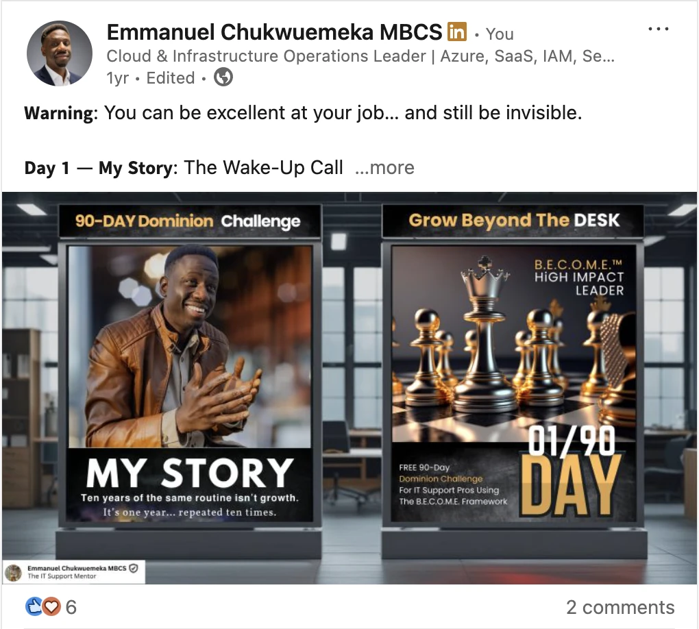 LinkedIn capture of Day 1 of the 90-Day Dominion Challenge