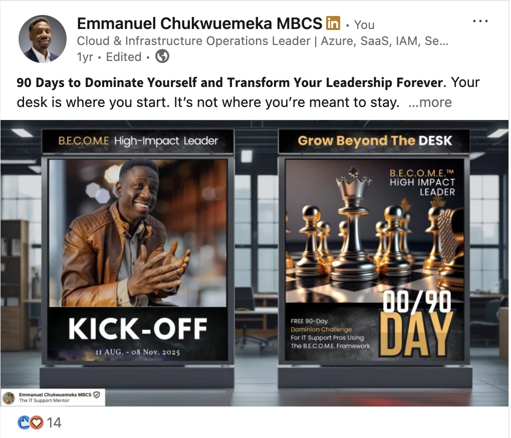 LinkedIn capture announcing the 90-Day Dominion Challenge and its 11 August to 8 November 2025 schedule